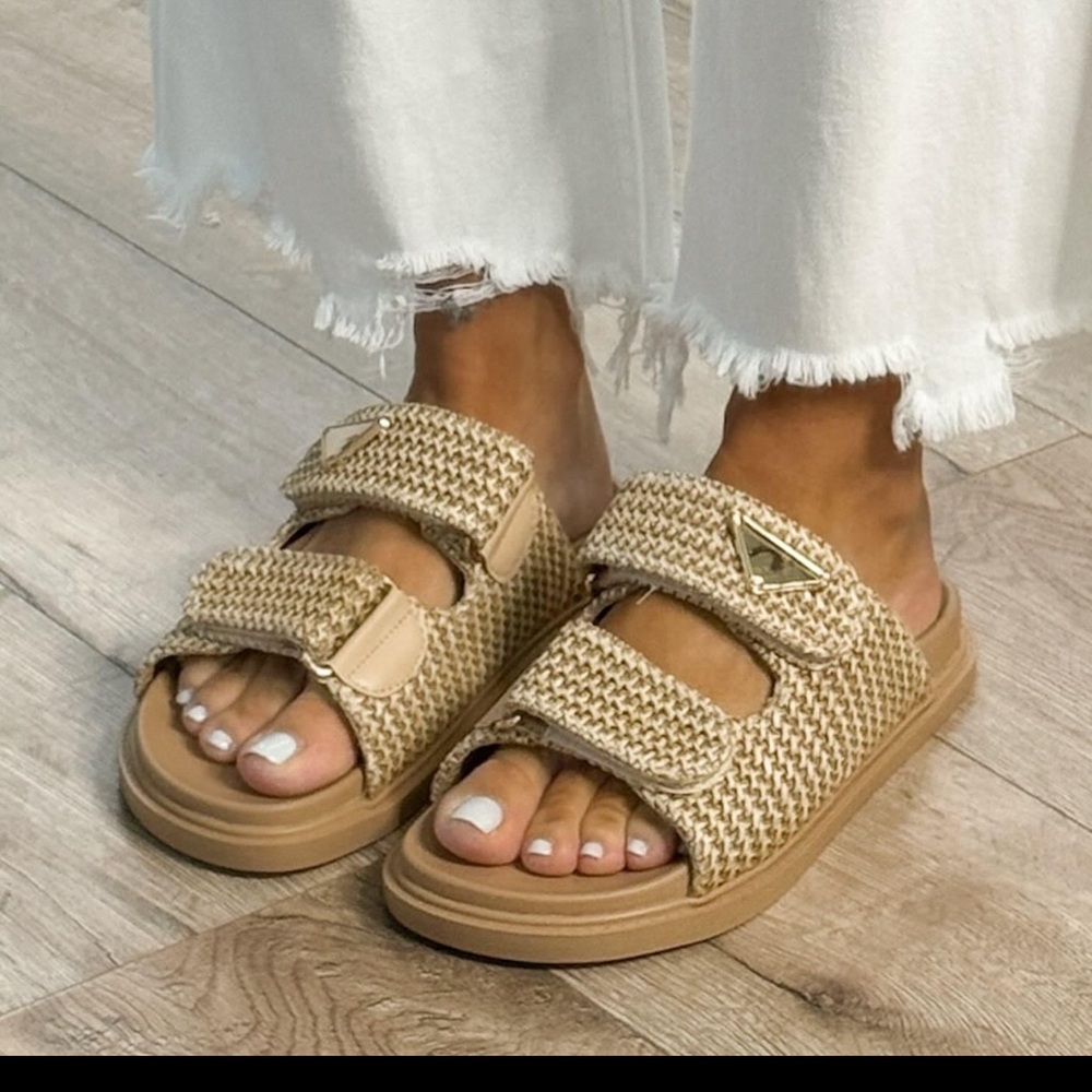 Sand color rafia Velcro slide sandals